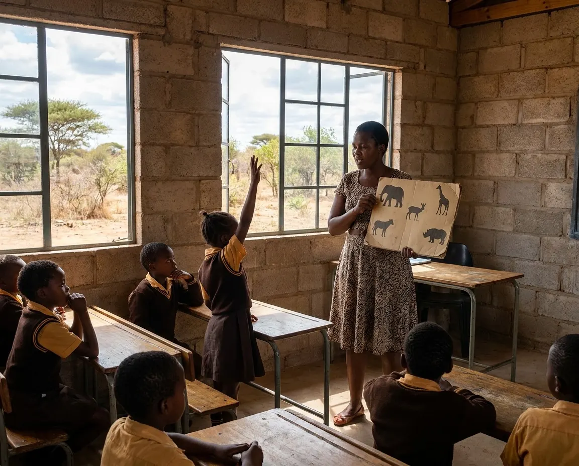 A conservation lesson in a classroom in a community bordering the Greater Kruger