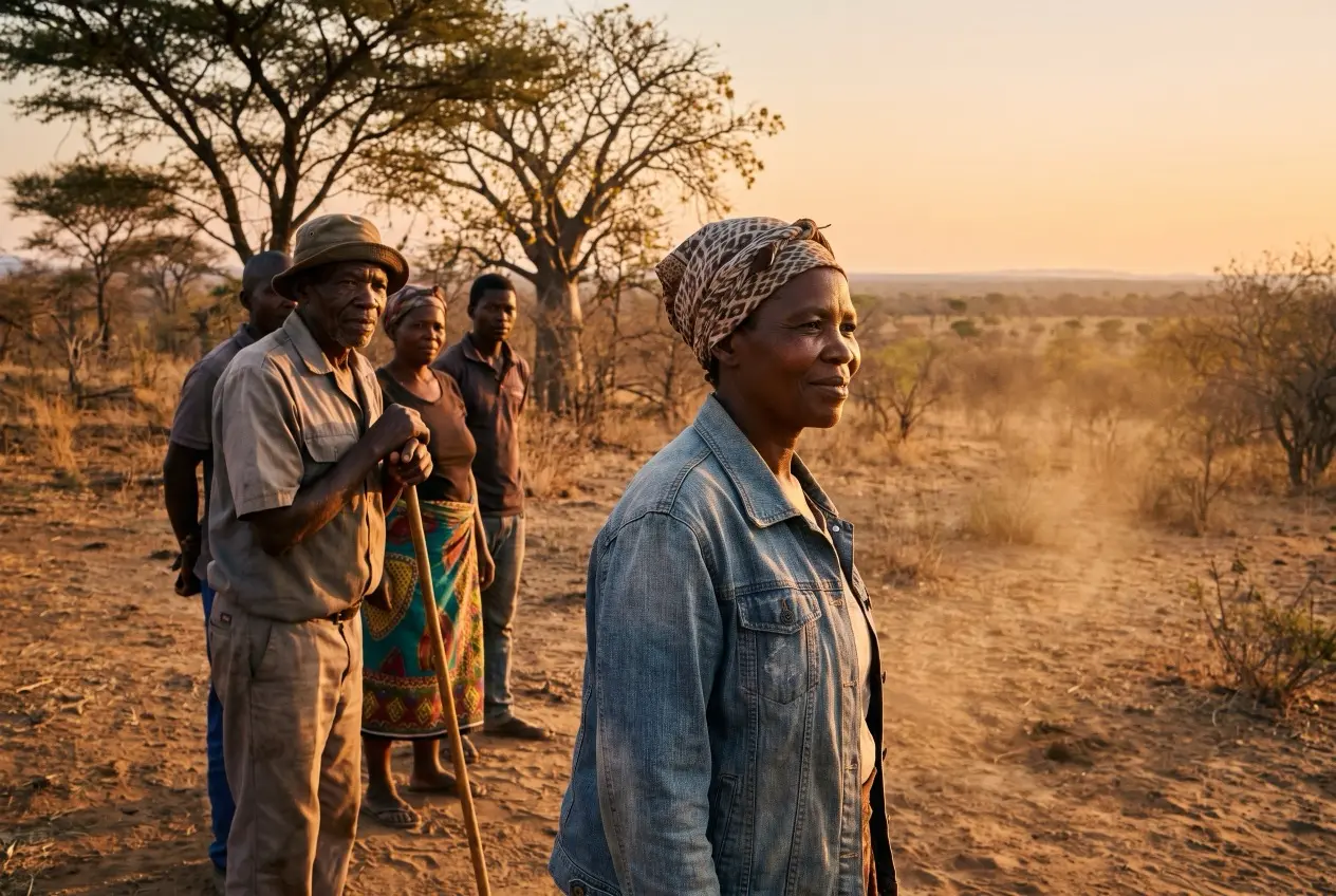 Community members of the Greater Kruger standing together on their land at golden hour